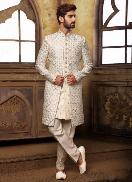 Cream And Sky Colour Party Wear Jacquard Nawabi Indo Western Collection 1125